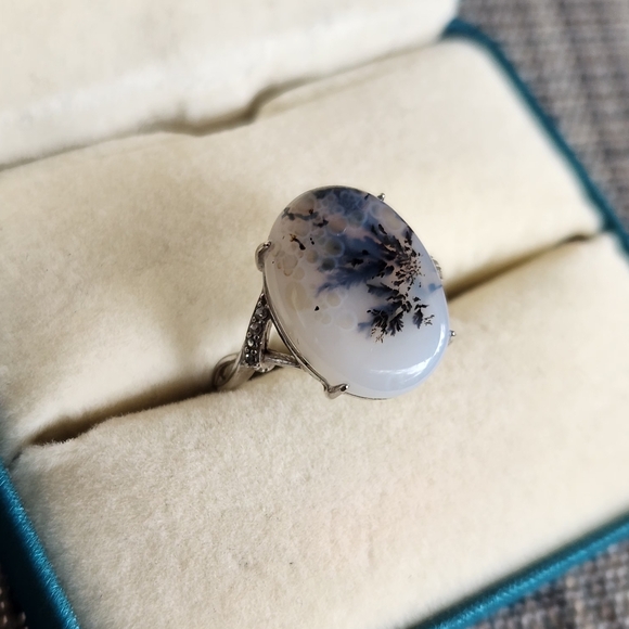 S925 Dendritic Blue agate ring adjustable size band - Picture 10 of 10